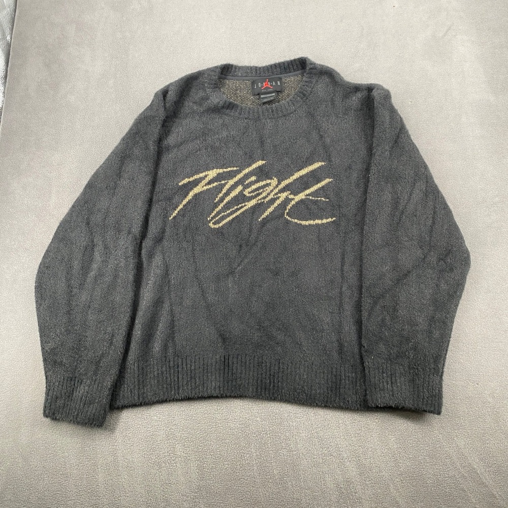 Jordan Flight Crewneck Sweater Mens Large Black Gold Fuzzy Knit Loose Fit 5334